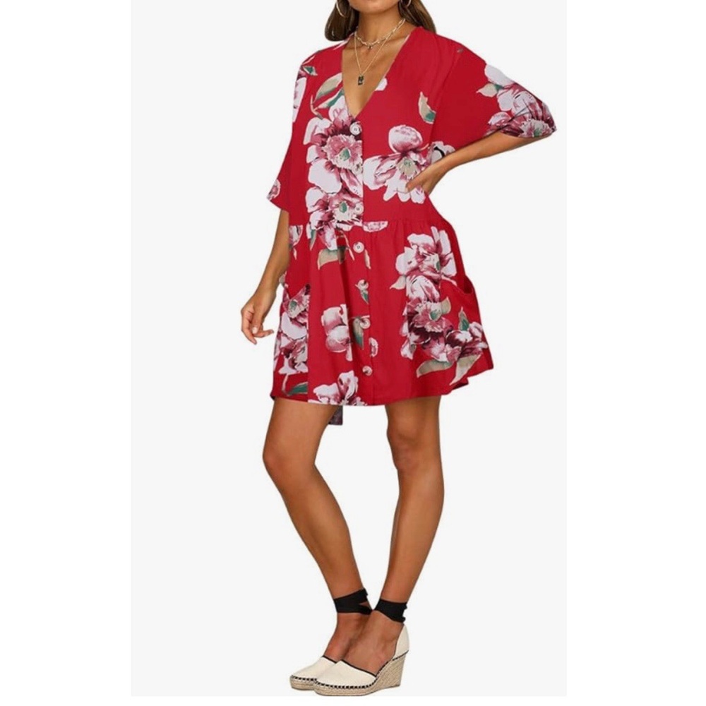 Belongsci Floral Print Red Half Sleeve Button Down V-Neck Dress - Picture 1 of 6